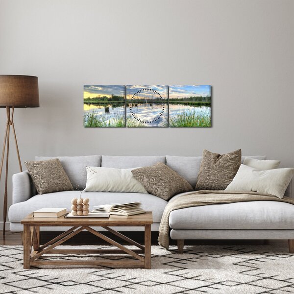 Obraz jazera s tŕstím (s hodinami) (90x30 cm)