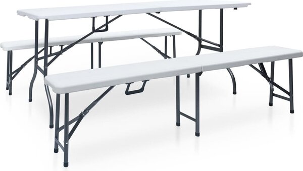 Maison Exclusive – Skladací záhradný stôl s 2 lavičkami, 180 cm, oceľ a HDPE, biela farba