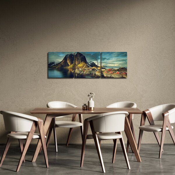 Obraz rybárskej dediny v Nórsku (s hodinami) (90x30 cm)