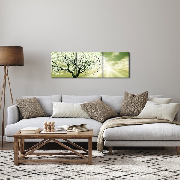 Obraz stromu na lúke (s hodinami) (90x30 cm)