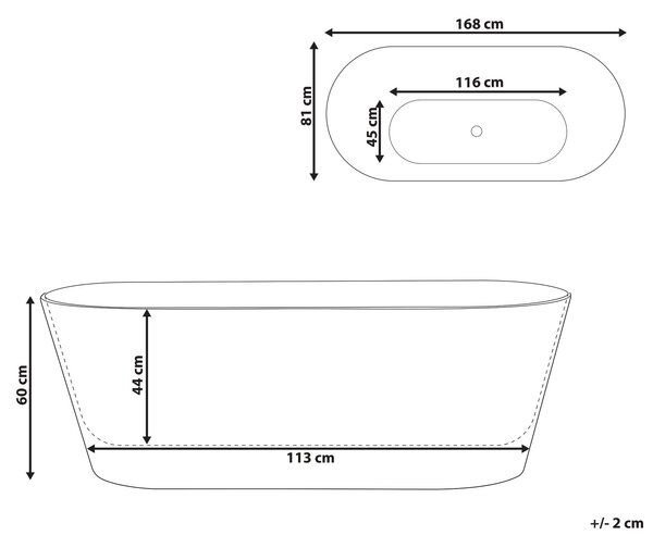 Voľne stojaca vaňa biela akrylátová 168 cm oválny tvar moderný minimalistický dizajn