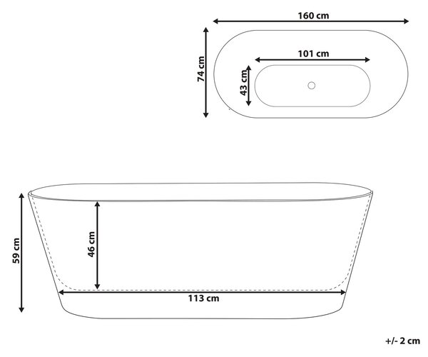 Voľne stojaca vaňa biela akrylátová 160 cm oválny tvar moderný minimalistický dizajn