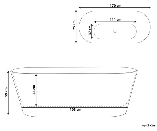 Voľne stojaca vaňa biela akrylátová 170 cm oválny tvar moderný minimalistický dizajn