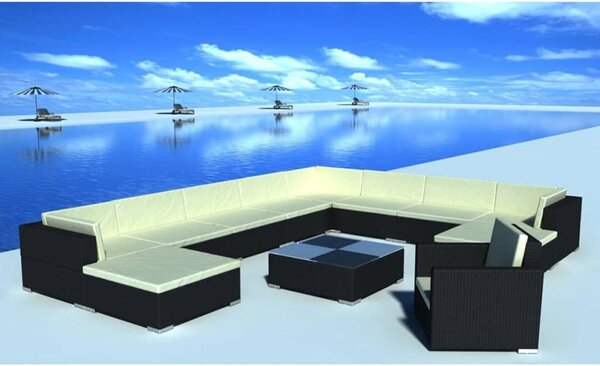 Maison Exclusive – 12-dielna záhradná súprava s vankúšmi z polyrotangu, čierna