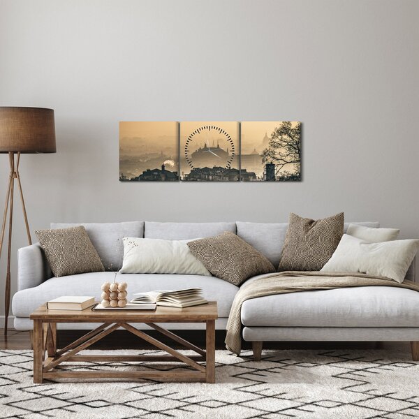 Obraz - Mesto pod hmlou (s hodinami) (90x30 cm)