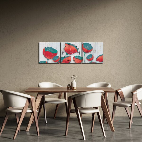 Obraz - Vlčie maky - petrolej (s hodinami) (90x30 cm)