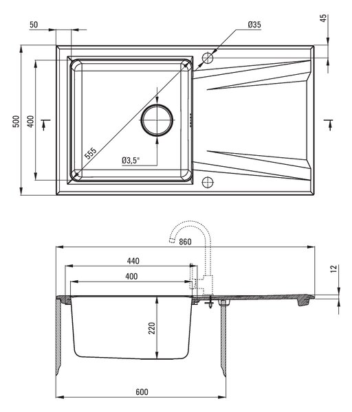 Deante Prime, granitovo-nerezový drez 860x500x220 mm, 3,5" + priestorovo úsporný sifón, 1-komorový, antracitová metalíza, ZSR_T113