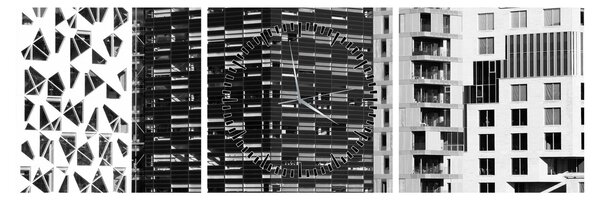Obraz čiernobiele architektúry (s hodinami) (90x30 cm)