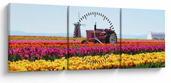 Obraz tulipánové farmy (s hodinami) (90x30 cm)