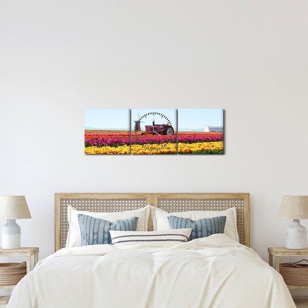 Obraz tulipánové farmy (s hodinami) (90x30 cm)