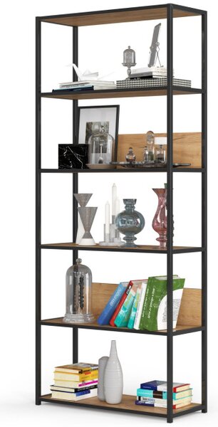 Kovový regál 80 cm, 6 políc, čierny / dub craft