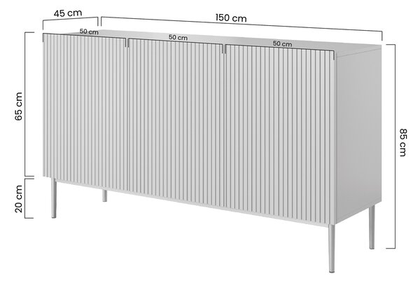 Biela komoda Nicole 150 cm s trojdverovým ryhovaným čelom - matná biela / zlaté nožičky