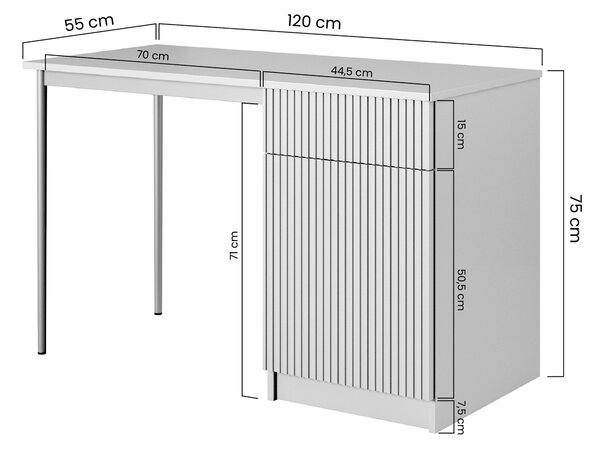 Biely písací stôl Nicole 120 cm s jednými dverami a zásuvkou - matný biely / zlaté nohy