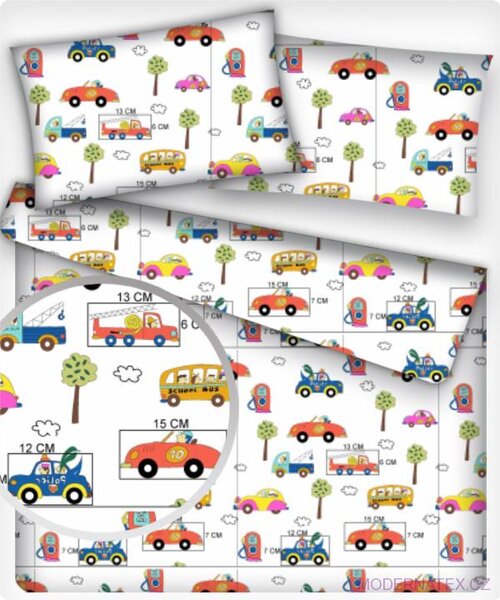Bavlnená látka vzor autíčka mix, farba biela, metráž 160 cm