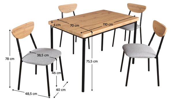 Kondela Jedálenský set 1+4, dub svetlý/sivá/čierna, MADIO