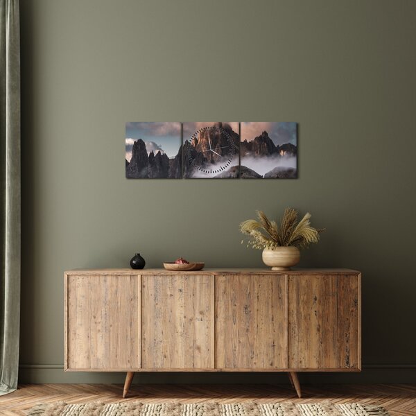 Obraz - Talianske dolomity schované v hmle (s hodinami) (90x30 cm)
