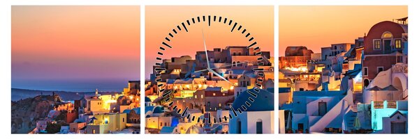 Obraz - Santorini pri zotmení (s hodinami) (90x30 cm)