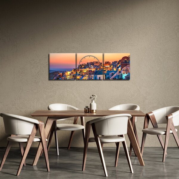 Obraz - Santorini pri zotmení (s hodinami) (90x30 cm)