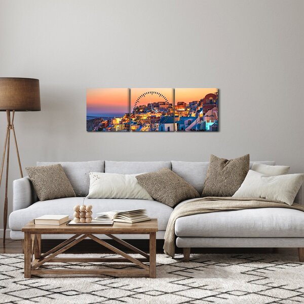 Obraz - Santorini pri zotmení (s hodinami) (90x30 cm)