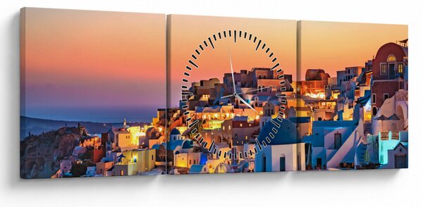 Obraz - Santorini pri zotmení (s hodinami) (90x30 cm)