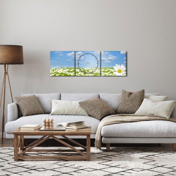 Obraz rozkvitnutej lúky s margarétkami (s hodinami) (90x30 cm)