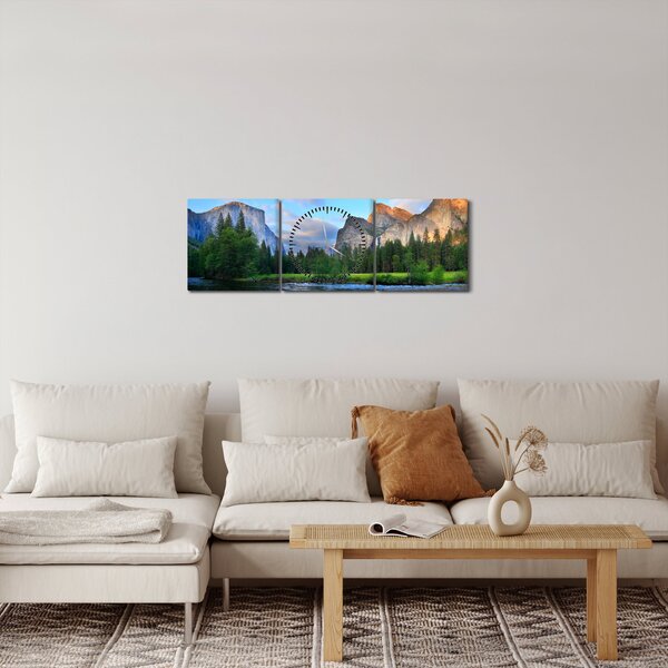 Obraz divokej horskej krajiny (s hodinami) (90x30 cm)