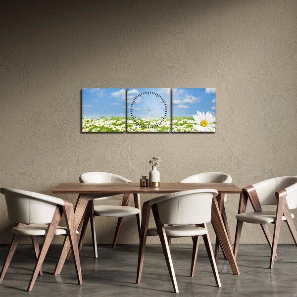 Obraz rozkvitnutej lúky s margarétkami (s hodinami) (90x30 cm)