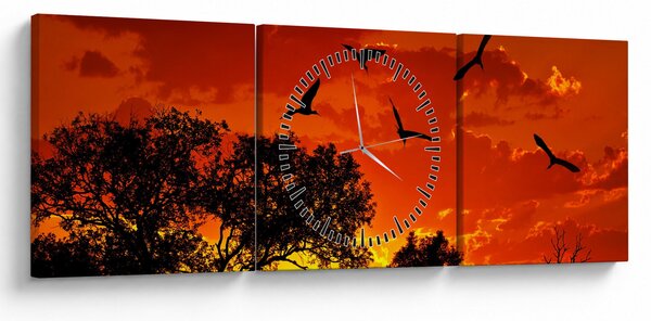 Obraz vtákov pri západe slnka (s hodinami) (90x30 cm)