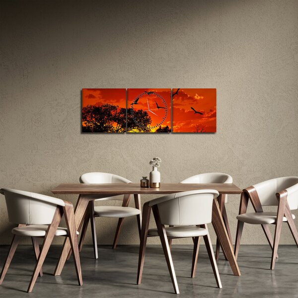 Obraz vtákov pri západe slnka (s hodinami) (90x30 cm)