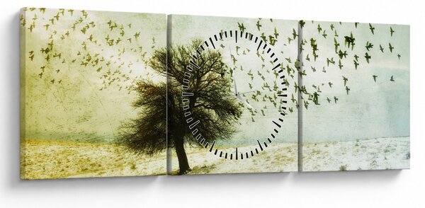 Obraz - Maľovaný kŕdeľ vtákov (s hodinami) (90x30 cm)