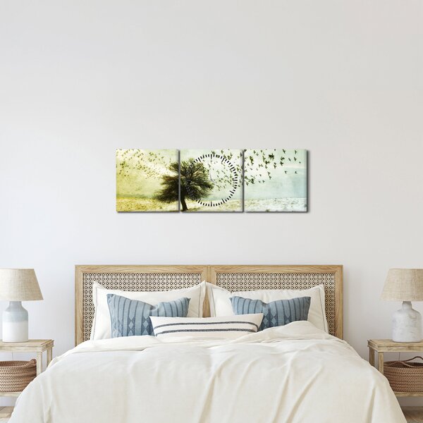 Obraz - Maľovaný kŕdeľ vtákov (s hodinami) (90x30 cm)