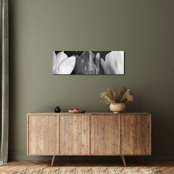 Obraz - Čiernobiele kvety tulipánov (s hodinami) (90x30 cm)