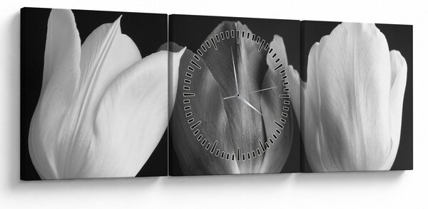 Obraz - Čiernobiele kvety tulipánov (s hodinami) (90x30 cm)