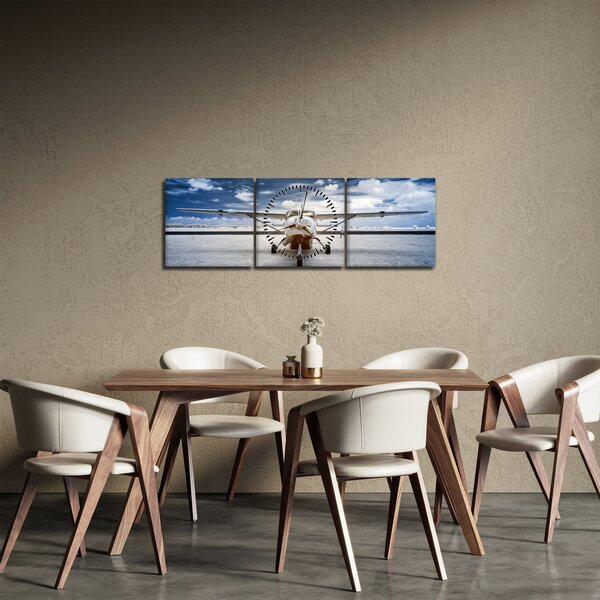 Obraz motorového lietadla (s hodinami) (90x30 cm)