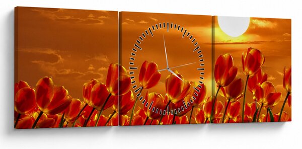 Obraz rozkvitnutého lánu s tulipánmi (s hodinami) (90x30 cm)