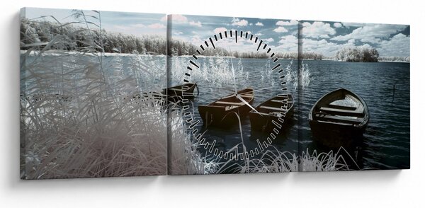 Obraz - Drevené loďky na jazere (s hodinami) (90x30 cm)