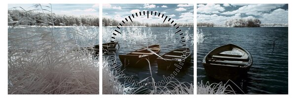 Obraz - Drevené loďky na jazere (s hodinami) (90x30 cm)