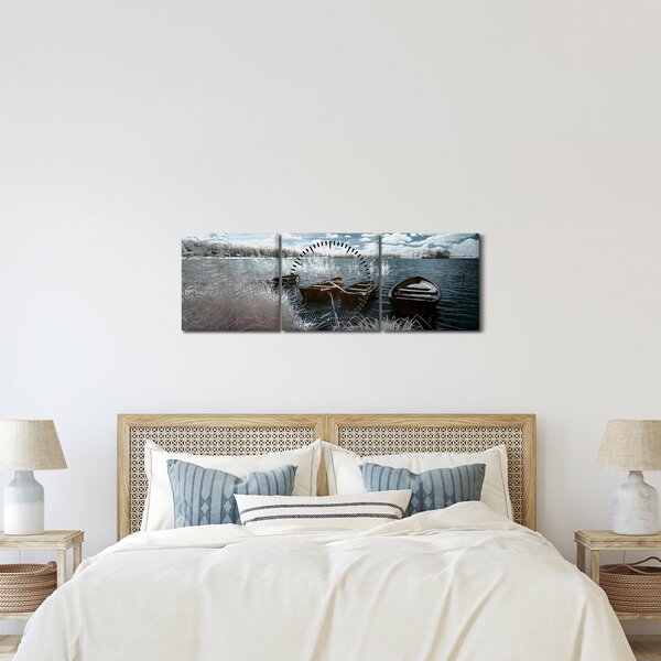 Obraz - Drevené loďky na jazere (s hodinami) (90x30 cm)