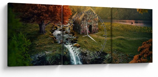 Obraz Chalupku v rozprávkovej krajine (s hodinami) (90x30 cm)