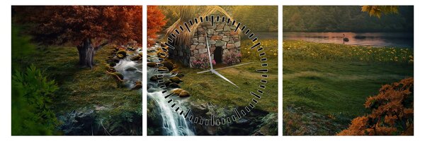 Obraz Chalupku v rozprávkovej krajine (s hodinami) (90x30 cm)