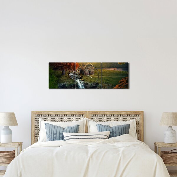 Obraz Chalupku v rozprávkovej krajine (s hodinami) (90x30 cm)
