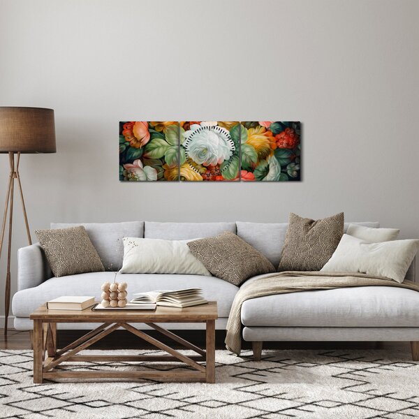 Obraz maľovanej kytice kvetov (s hodinami) (90x30 cm)