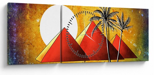 Obraz maľovaných egyptských pyramíd (s hodinami) (90x30 cm)