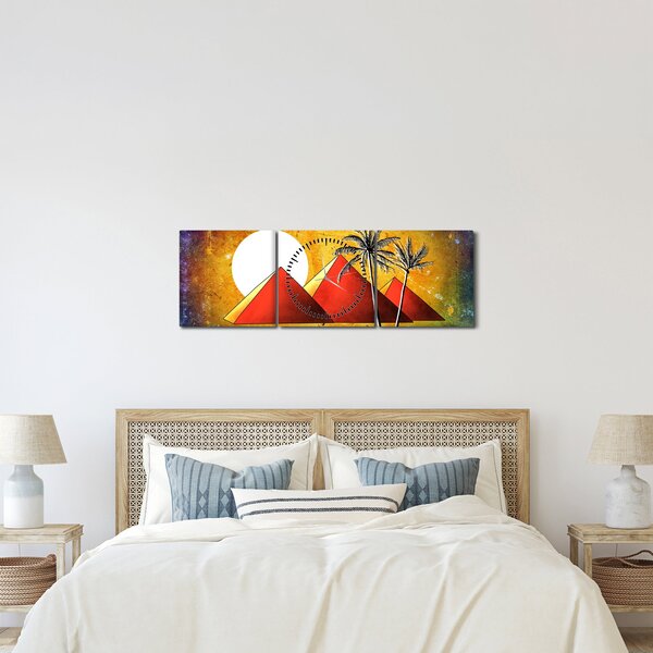 Obraz maľovaných egyptských pyramíd (s hodinami) (90x30 cm)
