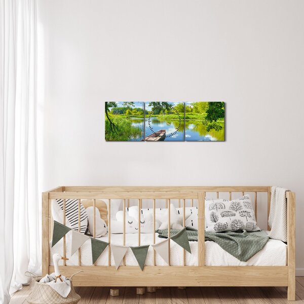 Obraz letné rieky s loďkou (s hodinami) (90x30 cm)