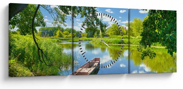 Obraz letné rieky s loďkou (s hodinami) (90x30 cm)