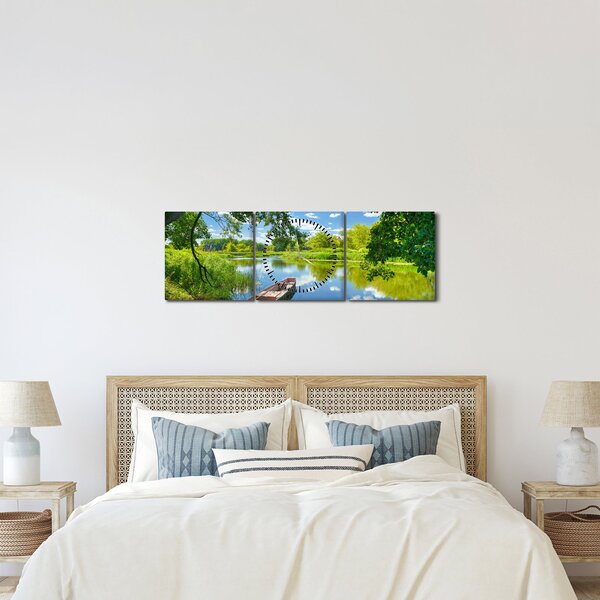 Obraz letné rieky s loďkou (s hodinami) (90x30 cm)