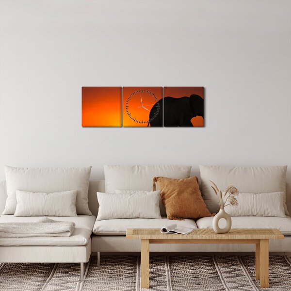 Obraz slona pri západe slnka (s hodinami) (90x30 cm)