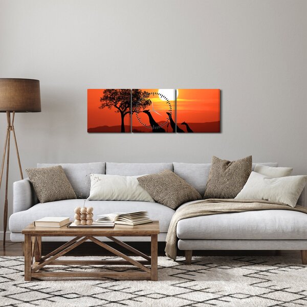 Obraz žirafy pri západe slnka (s hodinami) (90x30 cm)