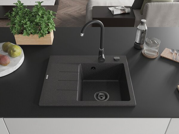 Mexen Ben, 1-komorový granitový drez 600x500x190 mm, pravý + čierny sifón, čierna škvrnitá, 6523605000-76-B